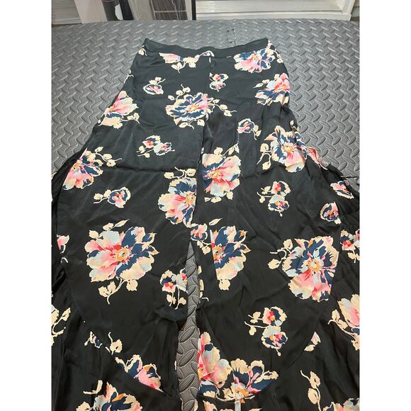 Anthropologie Elevenses Floral Tansy Ruffle Pants Size 4 Black Satin Wide Leg - Picture 3 of 11